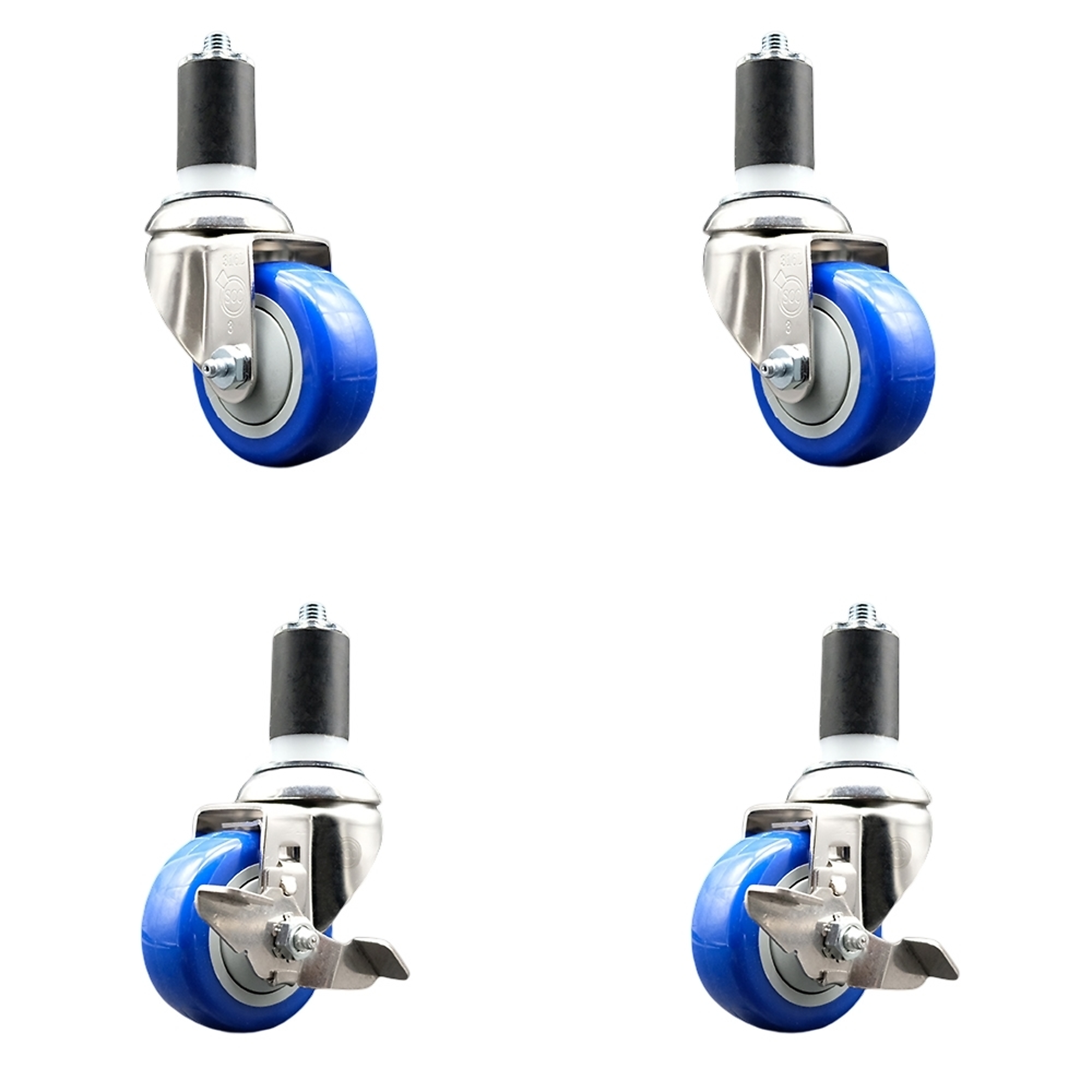 Service Caster, 3 1/2in. x 1 1/4in. Stem Casters, Wheel Diameter 3.5 in, Caster Type Swivel, Package (qty.) 4, Model# SS316EX20S3514-PPUB-BLUE-2-TLB-2-112